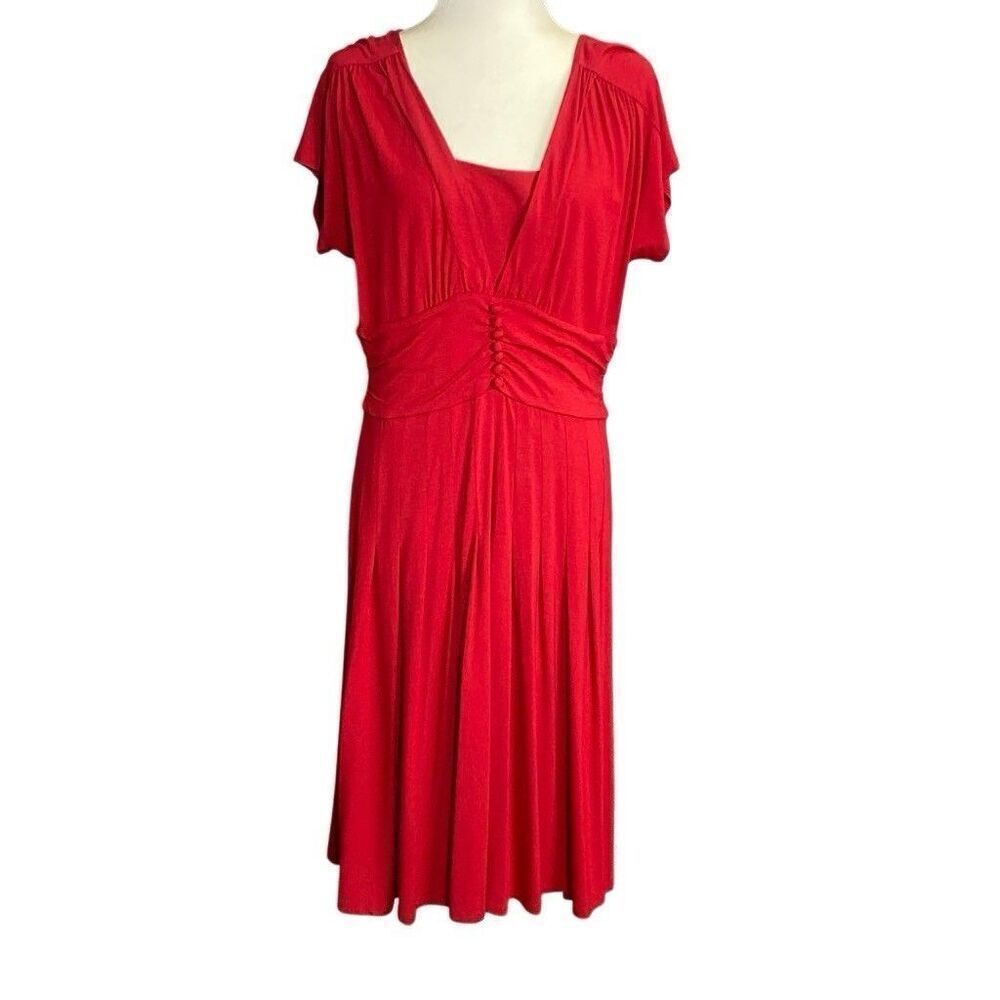 Talbots Red Dress Size 12 Surplice Bodice Fit Flare Short Sleeve Midi Dress